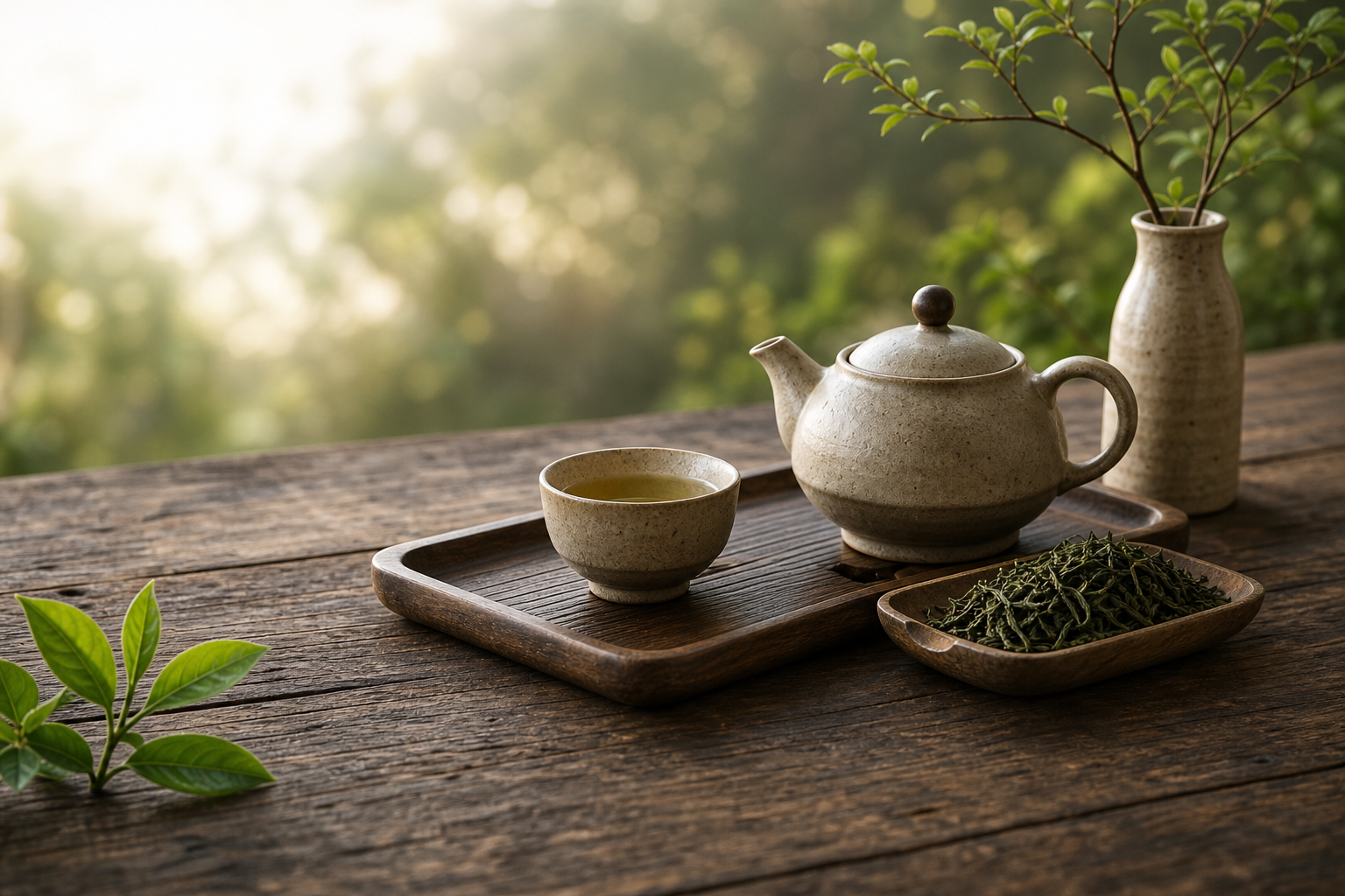 Ấm trà và chén trà trên bàn gỗ, ánh sáng tự nhiên